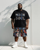 Men's Plus Size Street Fashion Denim Patching Patch Soul Letter Printed Short Sleeve T-Shirt Shorts Suit