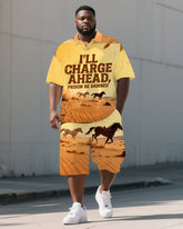 Big Men's I'LL CHARGE AHEAD Running Horse Printed Casual Short Sleeve Polo Shirt Shorts Set