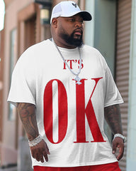 Men's Large Street Casual OK Alphabet Print T-Shirt Trousers Suit