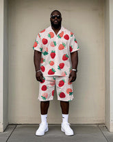 Men's Casual Cute Cartoon Strawberry Printed Big and Tall Cuban Collar Short Sleeve Shirt Shorts Set