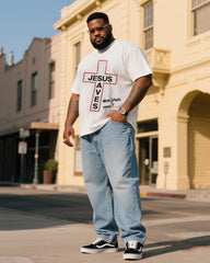 Plus Size Men's Faith Printed T-Shirt Denim Pants Suit