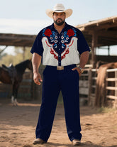 Western Denim-Men's Plus Size Royal Blue Floral Symmetrical Print Short Sleeve Shirt Trousers Suit