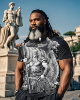 Plus Size Black Printed T-shirt Featuring A Viking Warrior With A Spear And Shield Standing Behind A Drakkar Boat