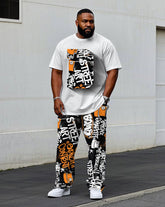 Men's Big & Tall Street Graffiti Design "B" Stereoscopic Projection Printing Short Sleeve T-Shirt Trousers Set