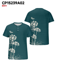 Men's Plus Size Green Dandelion Print Henry Collar Button Short Sleeve Tee