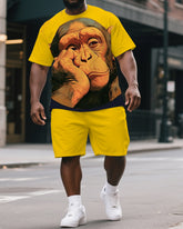Big & Tall Men's Funny Cartoon Thinking Gorillas Print Yellow Short-Sleeved T-shirt and Short Set