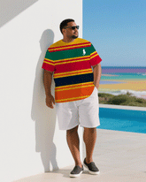Men's Plus Size Red & Yellow Multicolor Color Contrast Stripe Chest Small Label Short Sleeve T-Shirt Shorts Suit