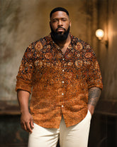 Big & Tall Men's Vintage Ethnic Art Print Long Sleeve Bamboo Hemp Texture Shirt