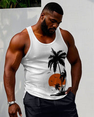 Men's Plus Size Coconut Tree Sun Print Hawaiian Tank Shorts Suit