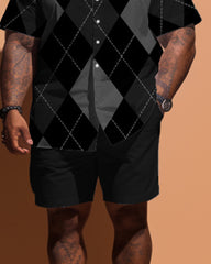 Big Men's Simple Diamond Plaid Short Sleeve Shirt Shorts Set