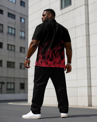Men's Plus Size Black Red Flame Short Sleeve Shirt Trousers Suit
