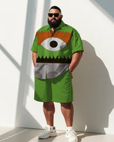 Men's Plus Size Street Fashion Green Cartoon Fun Glasses Print Shirt Shorts Suit