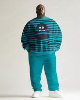 Men's Simple Green Stripe Cartoon Print Plus Size Round Neck Sweatshirt Suit