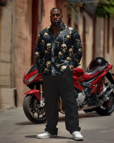 Men's Plus Size Dark Style Skull Print Long Sleeve Lapel Shirt and Pants Set