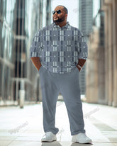 Simple Geometric Long Sleeve Lel Polo Long Sleeve 2-Piece Set Men's Plus Size