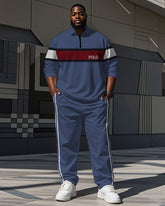 Men's Simple Blue And White Color-block Striped Alphabet Print Polo Shirt Zipper Pants Suit