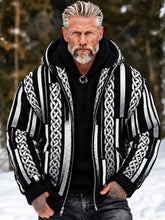 Men's Vintage Nordic Viking Black White Striped Celtic Knot Hooded Zip Up Sweater Coat