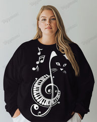 Women's Big & Tall Cute Music Cat Print Long Sleeve T-shirt