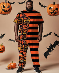 Halloween Pumpkin Striped Short-sleeved T-shirt Big & Tall Men's Set