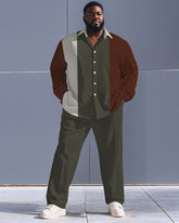 Men's Plus Size Army Green Brown Color-block Vertical Stripe Print Long Sleeve Shirt Trousers Suit
