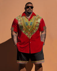Big Men's Ethnic Pattern Short Sleeve Shirt And Shorts Set