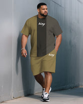 Men's Plus Size Fashion Khaki & Grey Colorblock Design Chest King Print Round Neck Short Sleeve T-Shirt Shorts Suit