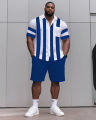 Big & Tall Men's Daily Casual Black & Grey & Wine Red & Fluorescent Green & Blue & Dark Blue. Big Striped Shirt Shorts Suit
