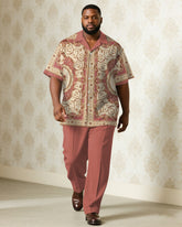 Big & Tall Men's Business Pink Luxury Pattern Printed Short Sleeve Shirt Pants Suit