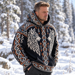 Men's Nordic Twin Wolves And Celtic Knotwork Hooded Knit Sweater