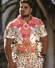 Leopard Print Oversized Polo Men's Short Sleeved Set