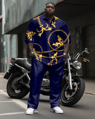 Vintage Chain Printed Long Sleeve Lapel Shirt 2 Piece Set Big & Tall Men's