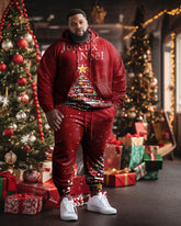 Men's Large Size Red Christmas Tree Hoodie Two Piece Set