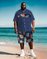 Big Men's Street Fashion Splicing Color Block Abstract Leaves Printed Short Sleeve Shirt Shorts Set