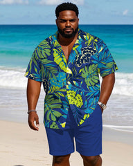 Men's Plus Size Hawaiian Royal Blue Large Leaf Shirt Shorts Suit