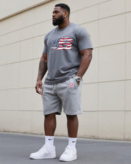 Big & Tall Men's Original Patriotic Flame Print Independence Day Crewneck T-Shirt Shorts Suit