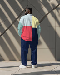 Men's Simple Colorful Colorblock Alphabet Print Polo Shirt Zipper Pants Suit