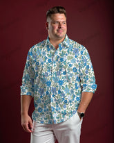Blue Flower Long Sleeve Shirt Men's Plus Size