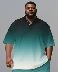 Big Men's Classic Green Gradient Short Sleeve Polo Shirt Shorts Sets