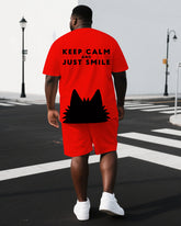 Big & Tall Men's Punk Theme Black Cat Keep Calm Lettering Casual Short-Sleeve T-shirt Shorts Set