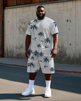 Big Men's Simple Fashion Coconut Trees Surfing Printed Hawaii Short Sleeve T-shirt Shorts Set