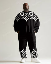 Men's Black Vintage Pattern Printed Plus Size Round Neck Sweatshirt Suit
