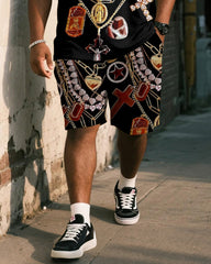 Big & Tall Men's Black Vintage Luxury Chain Printed Vest Shorts Suit