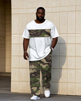 Men's Plus Size Army Camouflage Stitching Design Short Sleeve T-Shirt Trousers Suit