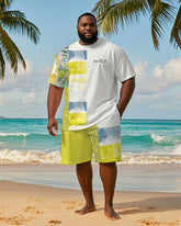 Big & Tall Men's Hawaiian Teal Striped Alphabet Print Round Neck Short Sleeve T-Shirt Shorts Suit