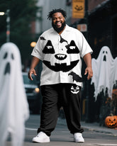 Big & Tall Men's Halloween Black And White Pumpkin Expression Print Short Sleeve Shirt Pants Suit