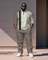 Men's Simple Khaki Stripe Print Polo Shirt Zipper Pants Suit