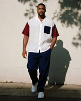 Big & Tall Men's Business Wine Red Blue Colorblock Printed Pocket Short Sleeve Shirt Pants Suit