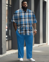 Classic Blue Plaid Short Sleeve Shirt Trousers Suit Men's Plus Size