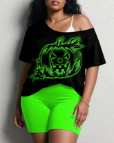 Women's Big & Tall Halloween Green Pumpkin Graffiti Print Short Sleeve Shorts Suit