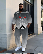 Big Guy's Casual Machine Bear Graffiti Gray Gradient Effect Lapel Long Sleeve Shirt Pants Set